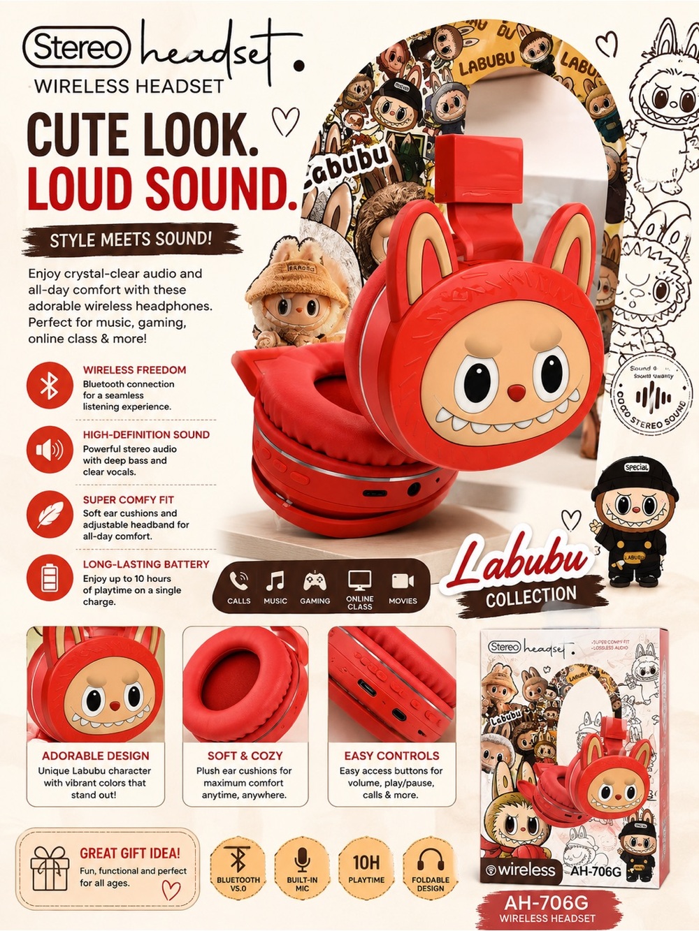 Red Wireless Kids Headphones - Cute Cartoon Stereo Headset